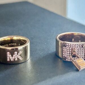 Michael Kors Gold Wide Band Rings – MK Logo & Padlock Charm – Size 6 & 8